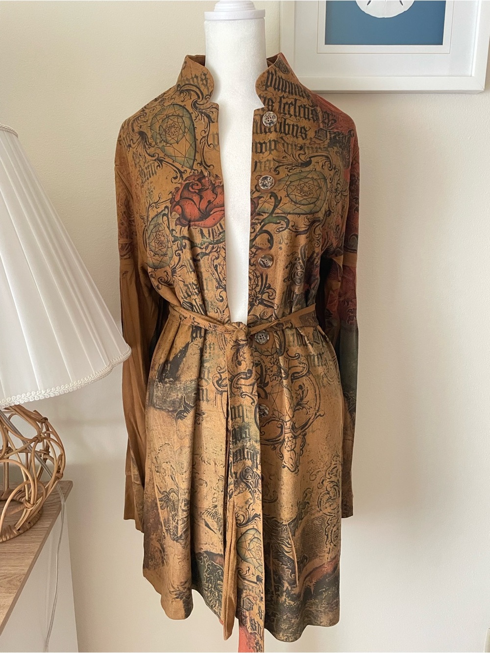 Fantazia Vintage Script & Rose Print Button-Down Belted Duster Microsuede Jacket